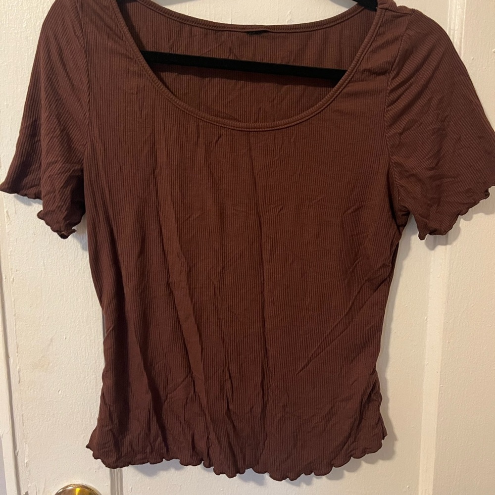 Women's Brown Ribbed Ruffle Top - Picture 2 of 2